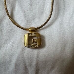Vintage Givenchy Rhinestone “G” Logo Pendant Necklace Gold Tone